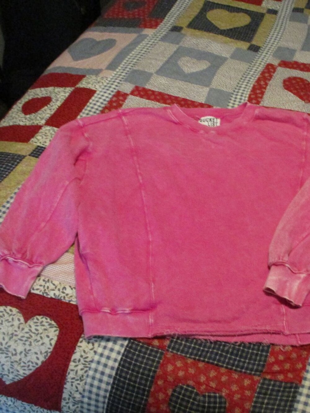 BUCKETLIST Neon Pink Distressed Raw-Hem Crewneck Sweatshirt S oversized